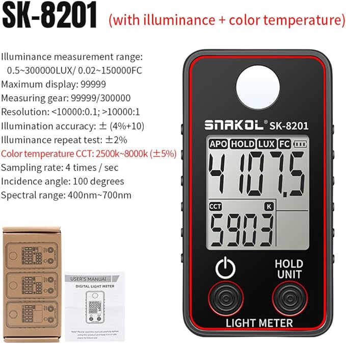 BSEWO Illuminance Meter,Color Temperature Tester High Precise Illuminance Meter 0.5-300000LUX LED Illumination Test Meter Photographic Luminance Measuring Device(Panel Color red and Blue Random)