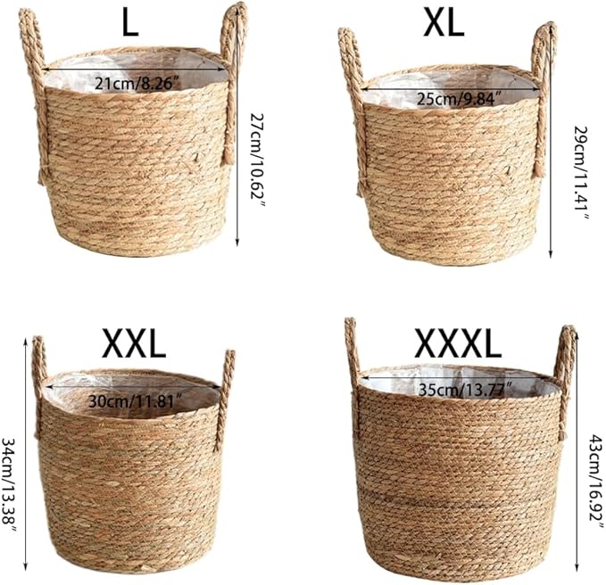 Rattan Planter Basket, Straw Weaving Woven Straw Flower Pot, Wicker Rattan Vase Sundries Organizers Storage Bins, Hand Woven Basket Planter with Plastics Liners and Handle for Indoor Outdoor (Small)