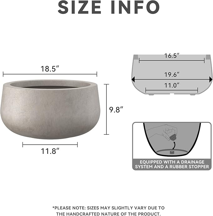 Kante 19.6" Dia Round Concrete Planter, Cement Plant Pots with Drainage Hole and Rubber Plug for Outdoor Indoor Garden Home, Modern Curvaceous Design, Weathered Concrete