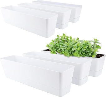 GREANER Long Window Boxes Planters, 6 Pack 16x3.8 Inch Vegetable Box Pot with Tray, Indoor Succulent Cactus Flowers Plastic Rectangle Pot for Balcony, Office, Garden, Outdoor, Windowsill - White