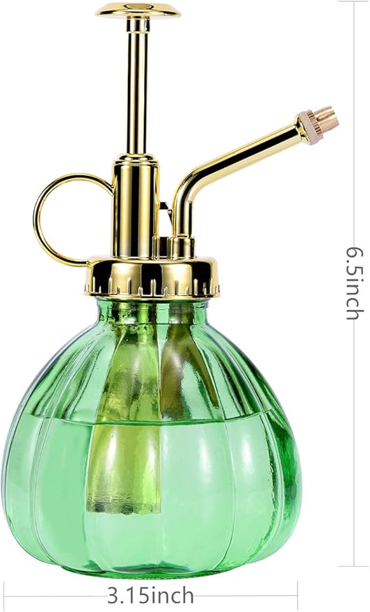 Glass Plant Mister Spray Bottle, 6.5" Green Glass Water Spray Bottle with Gold Top Pump Small Watering Can, Small Plant Sprayer Mister for Indoor Outdoor House, Green+Gold (Green+Gold C)