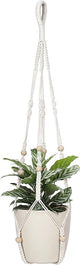 BlueMake 32inch Macrame Plant Holder,Indoor Hanging Planters with Wood Beads No Tassels Boho Home Decor (Ivory)