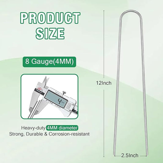 8 Gauge Landscape Staples, FUIJOL 12 Inch Heavy Duty U-Shaped Landscape Stakes, 100 Pack Galvanized Garden Staples for Weed Barrier Stakes, Ground Cover, Irrigation Tubing, Fence (100)