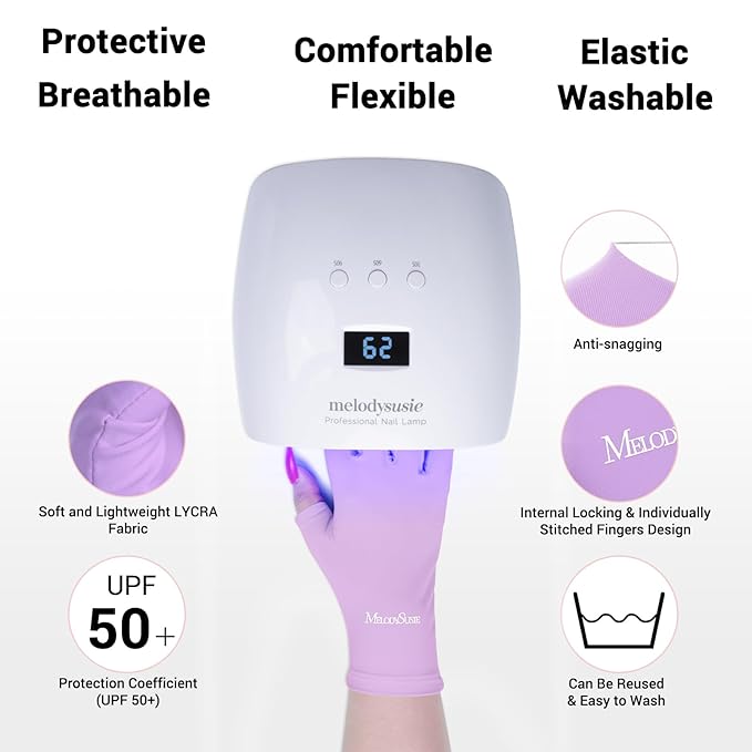 MelodySusie UV Gloves for Gel Nail Lamp, Professional UPF50+ UV Protection Gloves for Manicures, Nail Art Skin Care Fingerless Anti UV Glove Protect Hands from UV Harm (Purple)