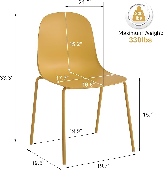 Plastic Stackable Dining Chairs Set of 4, Modern Outdoor Patio Chairs with Metal Legs for Patio Cafes, Restaurants and Office Waiting Room (Mustard Yellow)