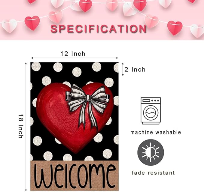 Valentines Day Welcome Garden Flag 12x18 Inch Double Sided Outside Polka Dot Red Heart with Bow Love Outdoor Seasonal Yard Holiday Decorations
