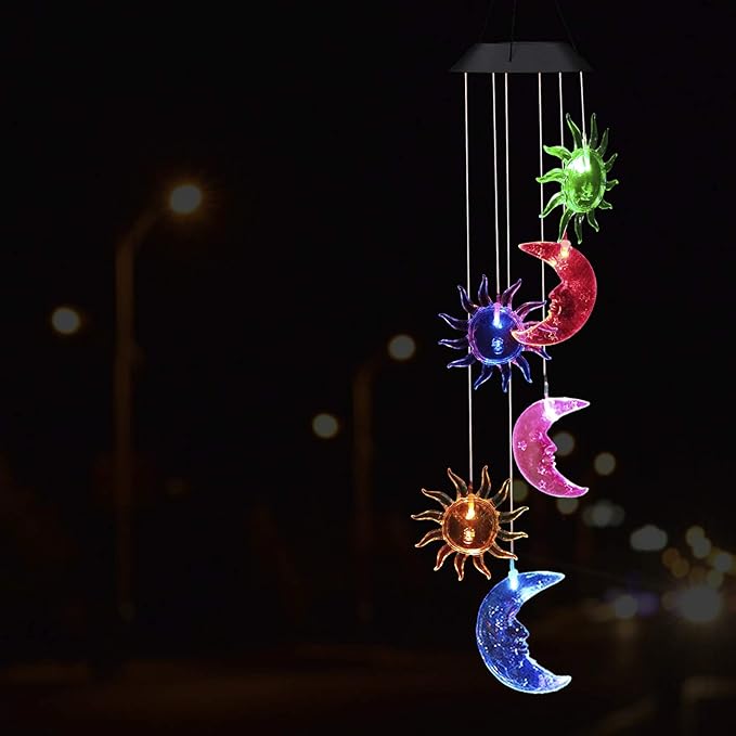 Solar Sun and Moon Wind Chimes Outdoor - Waterproof Mobile Romantic Changing Light Color Wind Chime, Sun Moon Windchimes for Xmas Mom Gifts, Home, Party, Festival Decor, Night Garden Decoration