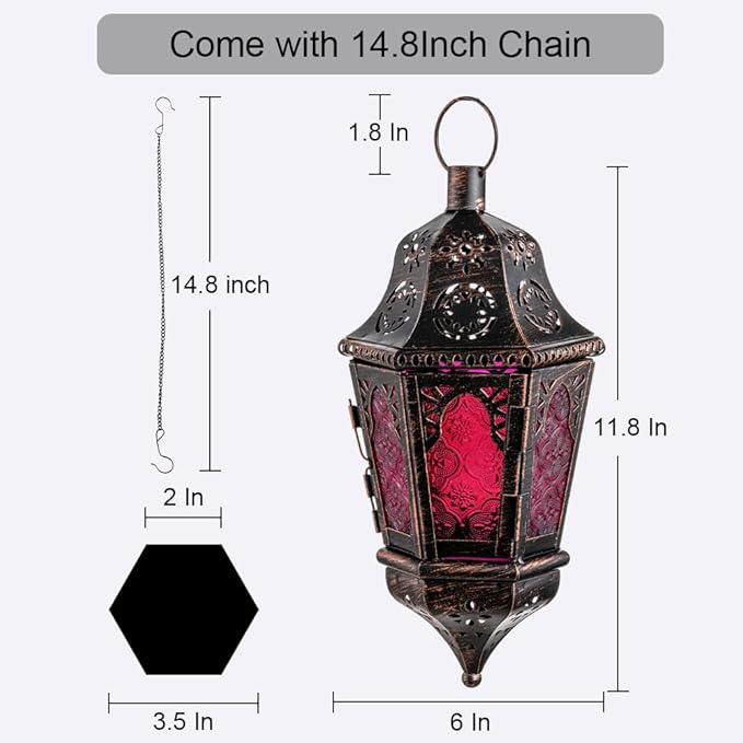 DECORKEY Ramadan Decorations, Lantern Decorative Indoor & Outdoor, 13.6’’ Moroccan Vintage Decorative Hanging Lantern with Chian for Home Porch Patio Decor, Metal Christmas Candle Holders(Rose Red)