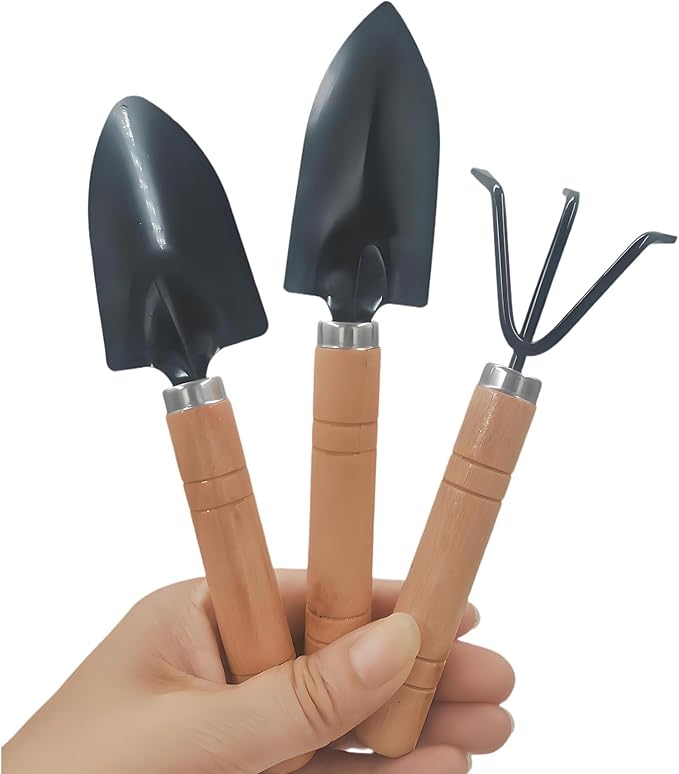 3 Pcs Mini Garden Tools Set Small Tiny Shovel Trowel and Hand Rake with Solid Wood Handle Indoor Gardening Tools for Pot Plants Succulent Bonsai