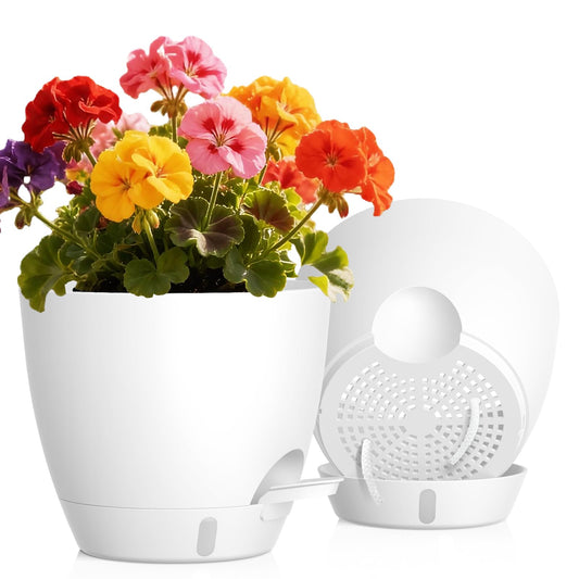 KUGAZ Self Watering Pots with Drainage Holes, 2 Pack 8 Inch Plant Pots with Water Level Indicator Deep Reservoir, Large Plastic Planter for Indoor Outdoor Plants - White