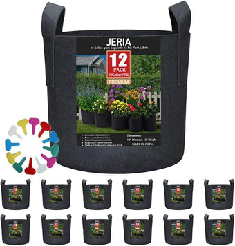 JERIA 12-Pack 10 Gallon, Vegetable/Flower/Plant Grow Bags, Aeration Fabric Pots with Handles (Black), Come with 12 Pcs Plant Labels