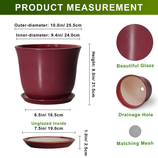 SUNPOTFOR Ceramic Plant Pots - 10 Inch Plant Pot with Drainage Hole and Saucer, Round Planter for Indoor Outdoor, Modern Decorative Large Flower Pots, Home Room Garden Decor, Plants Lovers Gifts, Red