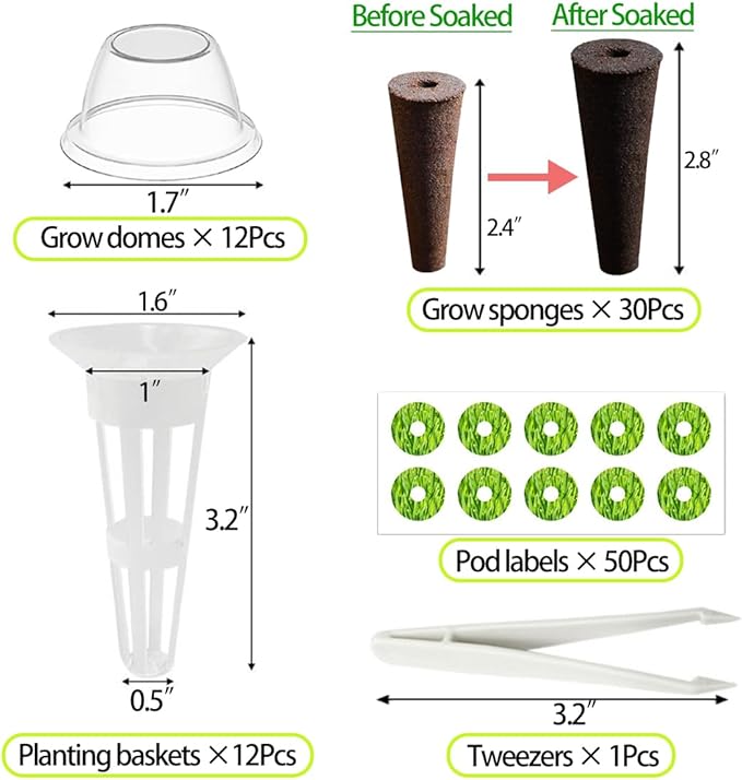 105 Seed Pod Kit for Aerogarden, Hydroponics Accessories for System Compatible with Hydroponics Supplies from All Brands, 30 Grow Sponges, 12 Grow Baskets, 12 Domes, 50 Pod Labels, 1 Tweezer (105 Pcs)