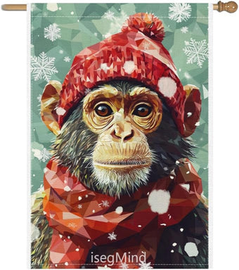 Monkey with Red Scarf and Hat Snowflake Christmas Garden Flag, 28x40 Inch Double Sided Linen Holiday Red Winter Farmhouse Yard Outdoor Decoration (4340)