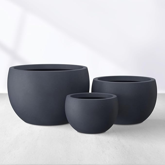 Kante 19.9",15.7",11.8" Dia Round Concrete Planter Set of 3, Outdoor/Indoor Large Bowl Plant Pots with Drainage Hole and Rubber Plug for Garden Patio Balcony Home, Dark Gray