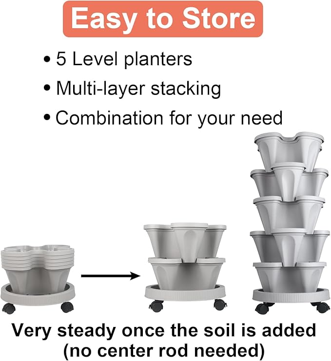 DUNCHATY Stackable Planter, Vertical Garden Planter with Wheels and Garden Tools, Strawberry Planter Indoor/Outdoor 5 Tier Herb Planter Pots for Growing Vegetables and Succulents,Gray