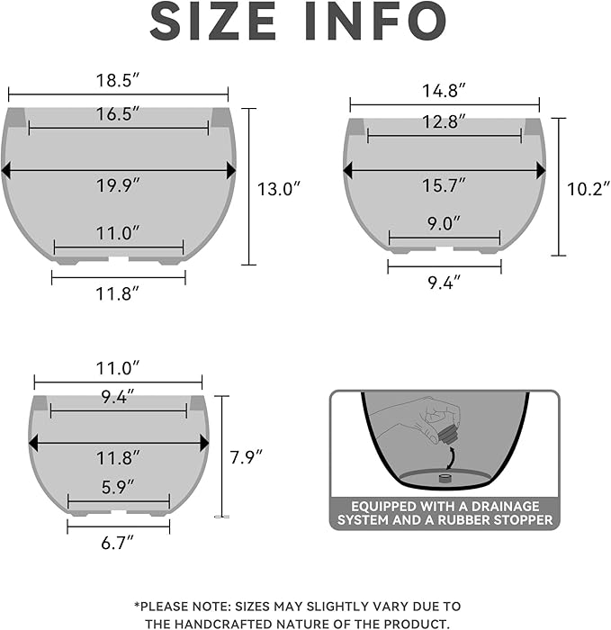 Kante 19.9",15.7",11.8" Dia Round Concrete Planter Set of 3, Outdoor/Indoor Large Bowl Plant Pots with Drainage Hole and Rubber Plug for Garden Patio Balcony Home, Pure White