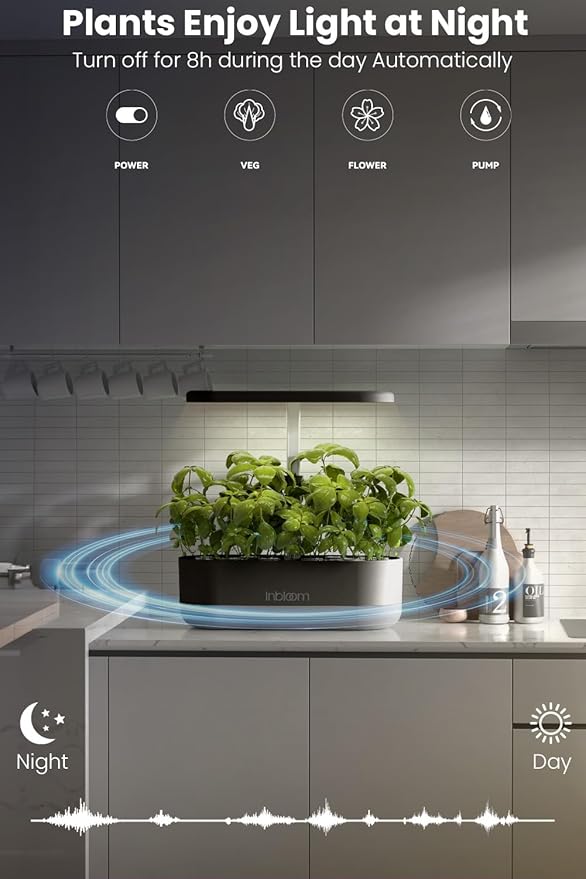 inbloom 12 Pods Hydroponics Growing System Kit, Herb Garden Planter Indoor Kit, Indoor Gardening Hydroponics Growing System with Pods, 4.2L Water Pump, Height Adjustable, Gifts for Woman, Black