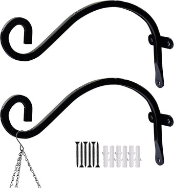 Hourleey 2 Pack Plant Hanger Outdoor, 8 Inch Heavy-Duty Hanging Plant Hook for Outside Basket, Black Metal Wall Mount Plant Bracket Hook for Flower Baskets Bird Feeder
