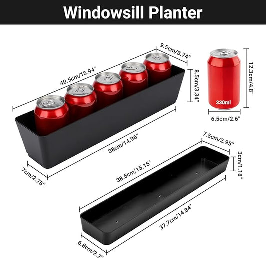 GREANER 16x3.8 Inch Herb Window Boxes 1PCS, Black Planter with Removable Trays and Drainage Holes, Succulent Flower Rectangular Plastic Pot for Balcony, Office, Windowsill, Garden, Indoor Outdoor Use