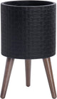 D'vine Dev 10 Inch Modern Geometric Tile Patterned Sleek Planter Pot with Stand, Indoor Outdoor Decorative Plant Holder, Matte Black, 88-Z-B-2