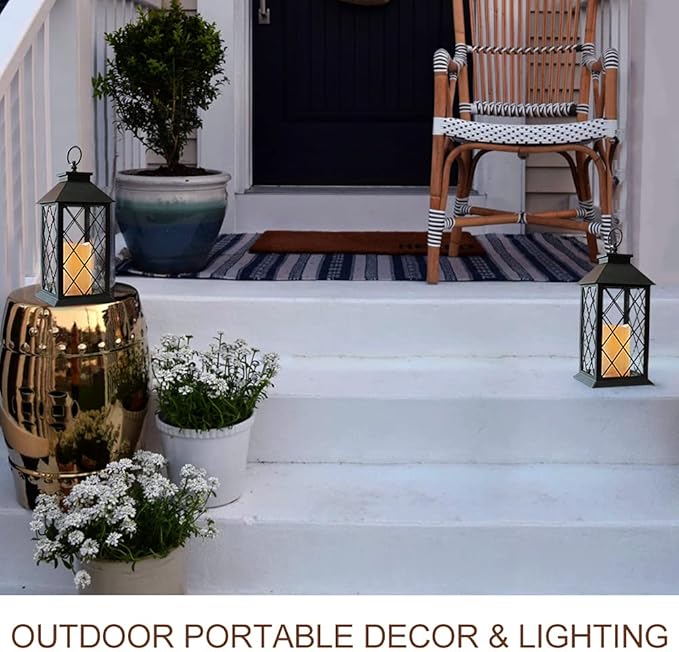 Bright Zeal 2-Pack 13.5" Vintage Candle Lantern with LED Pillar Candle (Black, 6hr Timer) - IP44 Waterproof Battery Powered Decorative Light - Outdoor Patio Hanging Lantern Decorative Tabletop Light