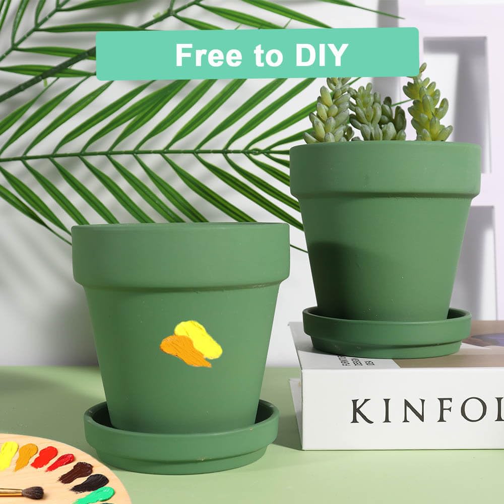 vensovo 4 Inch Small Green Terracotta Plant Pots with Saucer - 6 Pack Clay Flowerpots with Drainage, Great for Indoor Outdoor Plants, Crafts, Wedding Favor