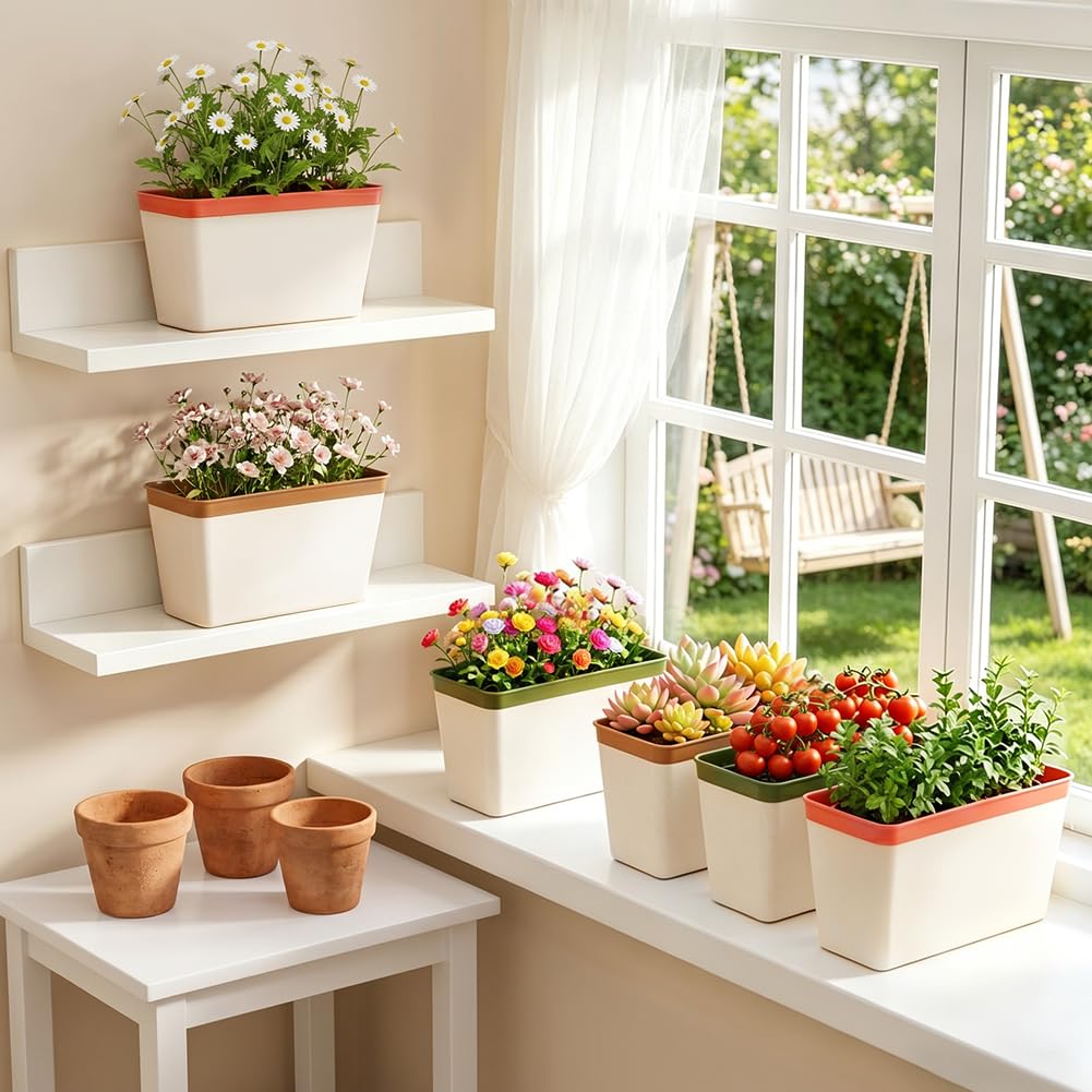 PH PandaHall 6 Sets Window Herb Planter Box Self Watering Plant Pots, 10.6 Inch Rectangular Flower Pots with Water Level Indicator for Windowsill Patio Garden Flowers Seedlings