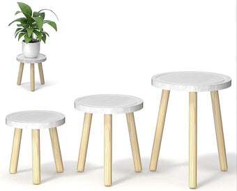 Vecxoty 3-Pack Wood Plant Stands Indoor, Single Plant Stand for 6-12 Inch Pots, Mid-Century Modern Plant Stool, Tall Plant Stand for Large Plants for Living Room, Balcony, Office (White)