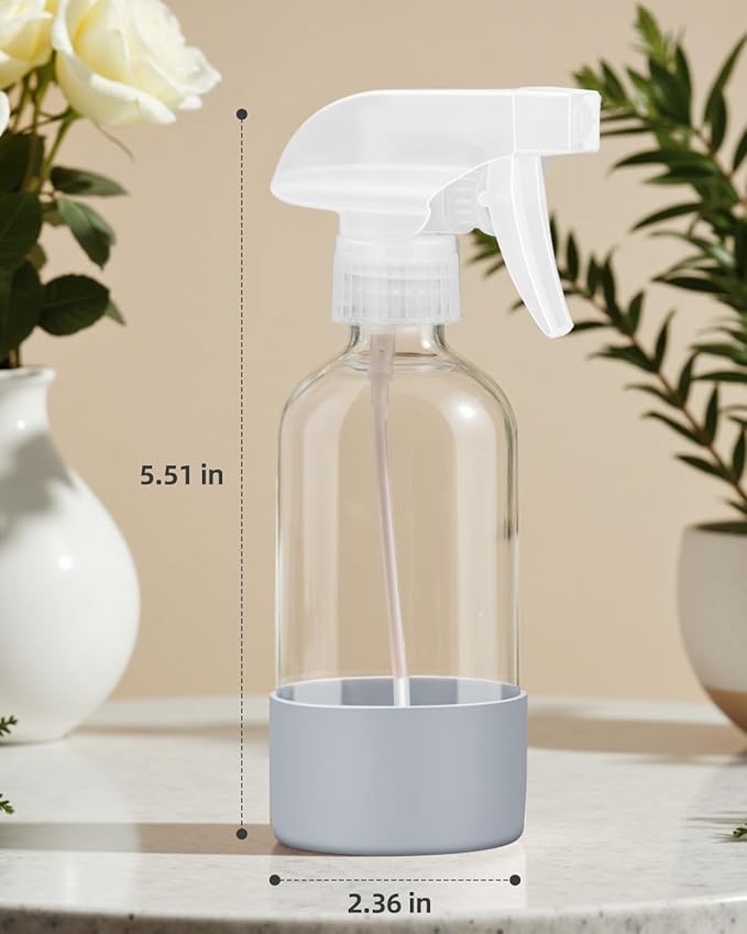 4 Pack Glass Spray Bottles 8 oz, Empty Refillable Containers with Silicone Sleeve Protection, Glass Spray Bottles for Cleaning Solutions, Hair and Plants with Adjustable Nozzles Blue&Grey