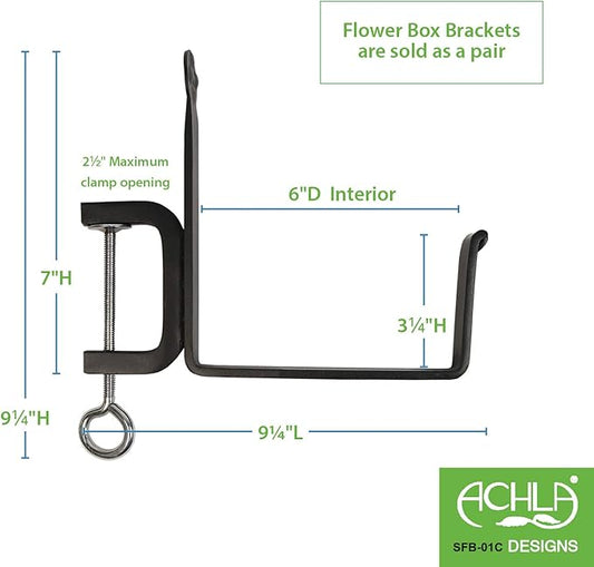 Achla Designs SFB-01C Clamp-On Flower Box, 6" Deck Bracket, Black
