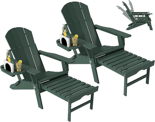Adjustable Adirondack Chair with Retractable Ottoman Set of 2, HDPE Folding Adirondack Chair with Cup Holder, All Weather Fire Pit Chair for Outdoor.