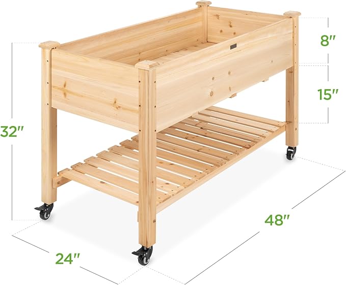 Best Choice Products Raised Garden Bed 48x24x32-inch Mobile Elevated Wood Planter w/Lockable Wheels, Storage Shelf, Protective Liner - Natural
