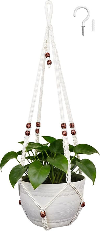 HOREAKHJ 35 Inch Macrame Plant Hanger, Large for up to 15 Inch Pot Extra Long Hanging Planter Holder Basket with Wood Beads for Indoor Outdoor Home Decor (Ivory, 1-Pack)