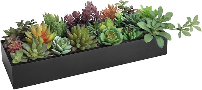 MyGift Artificial Succulent Centerpiece,15.75 Inch Faux Succulents Arrangement Plants in Sleek Black Wooden Rectangular Planter Box