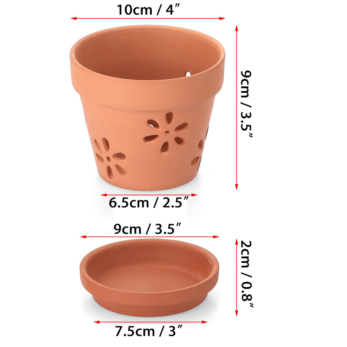 JUXYES Small 4" Hollowed Out Terracotta Orchid Pots with Holes and Saucer