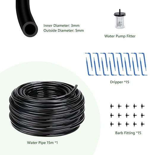 Solar Drip Irrigation Kit Accessories, 49 FT Tubing, Drip Irrigation Extra Accessories Kit,15 tee Fittings and 15 drippers for Balcony Patio & Garden