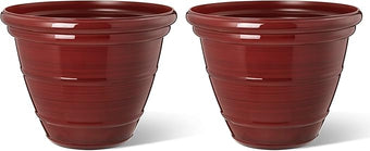 Glitzhome 15.5" D Large Flower Pots, Set of 2 Tall Planters for Outdoor Plants with Drainage Holes,Red Faux Ceramic Finish,Round Plastic Tall Flower Pots for Garden, Patio, Porch or Indoor Use