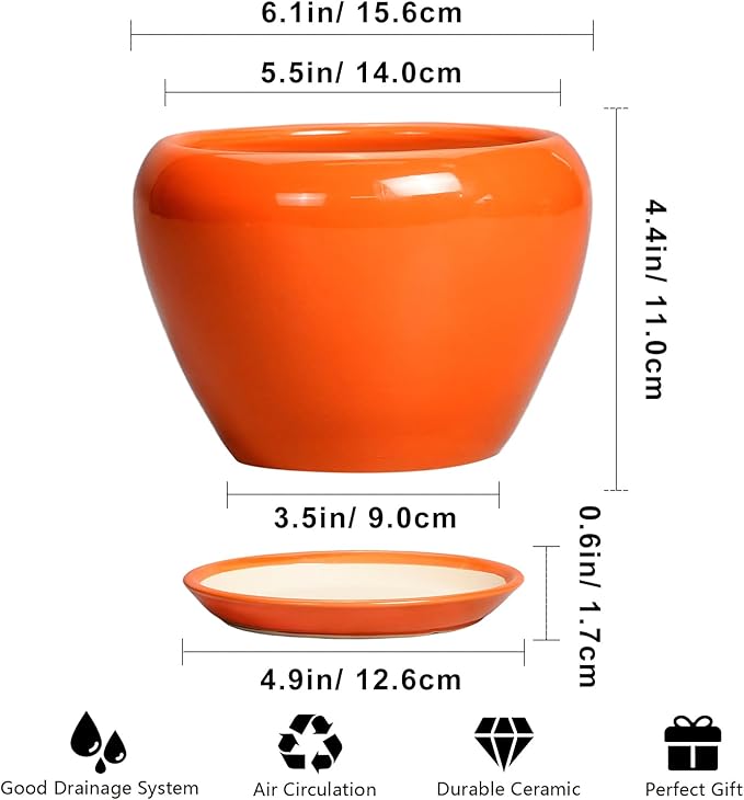 Ceramic Plant Pot 6 Inch - Ceramic Planter for Indoor Plants Outdoor, Glaze Round Modern Flower Pot with Drainage Hole and Saucer, Gift for Plant Lover, Home Garden Room Decor, Orange