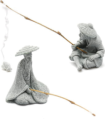 DUZFOREI 2PCS Mini Sitting Fishing Figurines Sandstone Vintage Ornament Japanese Decor for Fish Tank Pot Garden Home Aquarium Mini Fisherman Statue Asian Zen Decorations