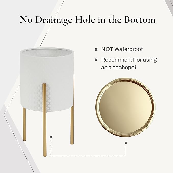 LuxenHome Planters for Indoor Plants, Set of 2 Indoor Plant Pots, White Planter with Gold Metal Stand, Luxury Flower Pots for Plants, Large Floor Plant Pot, NOT Waterproof