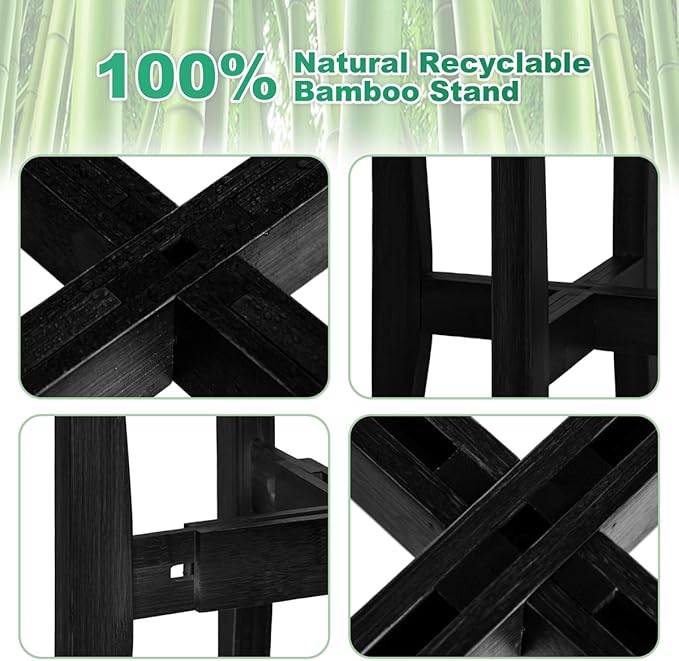 Plant Stand Indoor, Bamboo Plant Shelf, Adjustable Corner Plants Flower Holders Single Floor Plant Stand, Fits 8 to 12 Inches Pots,(Pot & Plant Not Included)(Black)