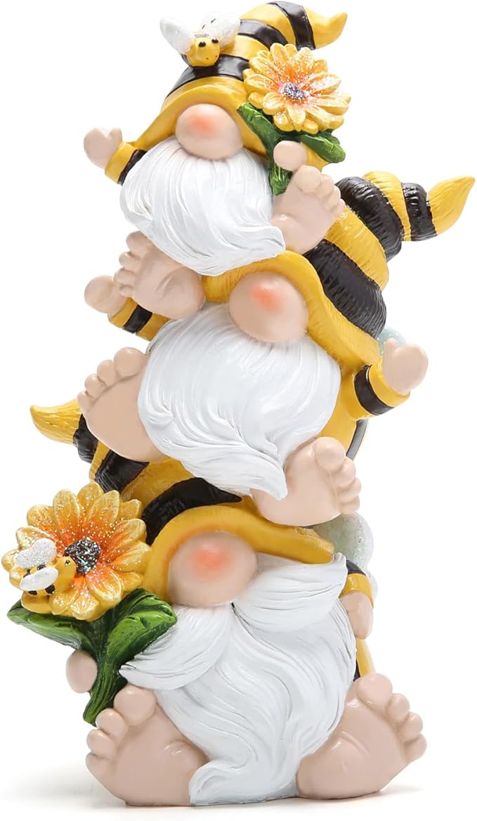 Hodao Summer Bee Gnome Decorations Indoor Home Table Decor Cute Stacked Bee Gnome Figurines Gifts -Swedish Dwarf Elf Figurines Summer Garden Honey Bees Gnomes Decorations (Bee1)