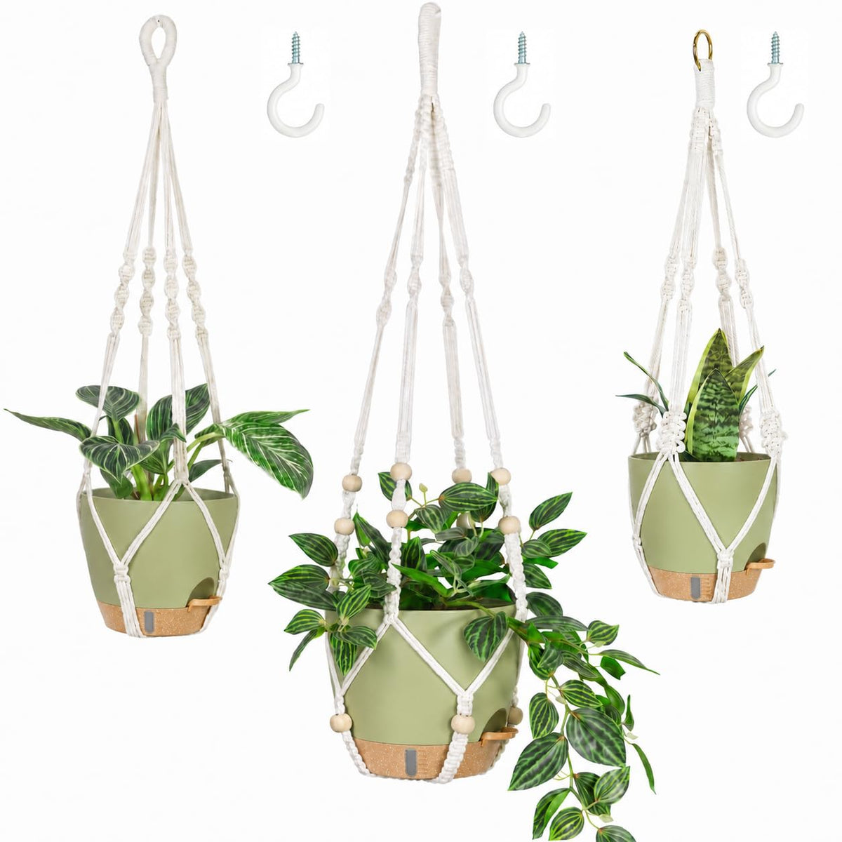 Bouqlife 3 Pack Hanging Planters for Indoor Plants Macrame Plant Hangers with Self Watering Flower Pots, 3 Different Size (Sage Green, Medium)