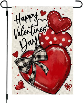 CROWNED BEAUTY Valentines Day Hearts Garden Flag 12x18 Inch Double Sided for Outside Small Burlap Love Red Holiday Yard Decoration