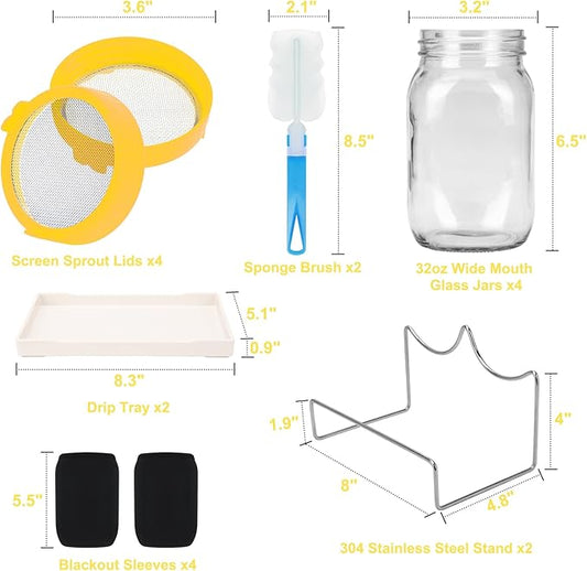 Lulonpon Sprouting Kit, 4 Sprouting Jar Kits, Wide Mouth Quart Mason Jars with Stainless Steel Screen Sprout Lids,1000ml Sprouts Growing Kit, Seed Sprouter Set for Growing Broccoli, Bean, Alfalfa ﻿