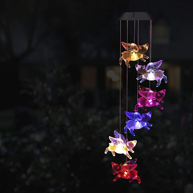 Solar Flying Pigs Wind Chimes Outdoor - Waterproof Solar Powered LED Changing Light Color Fly Pigs Mobile Romantic Wind-Bell for Home,Balcony,Party,Festival,Night Garden Decoration(Blackboard)