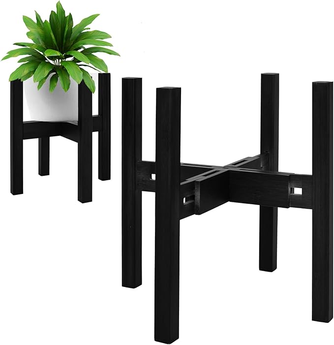 Adjustable Plant Stand Indoor,Bamboo Mid Century Modern Plants Stands, Stable Plant Holder,Fit 8 9 10 11 12 inch Pots (Pot & Plant Not Included)(Black)