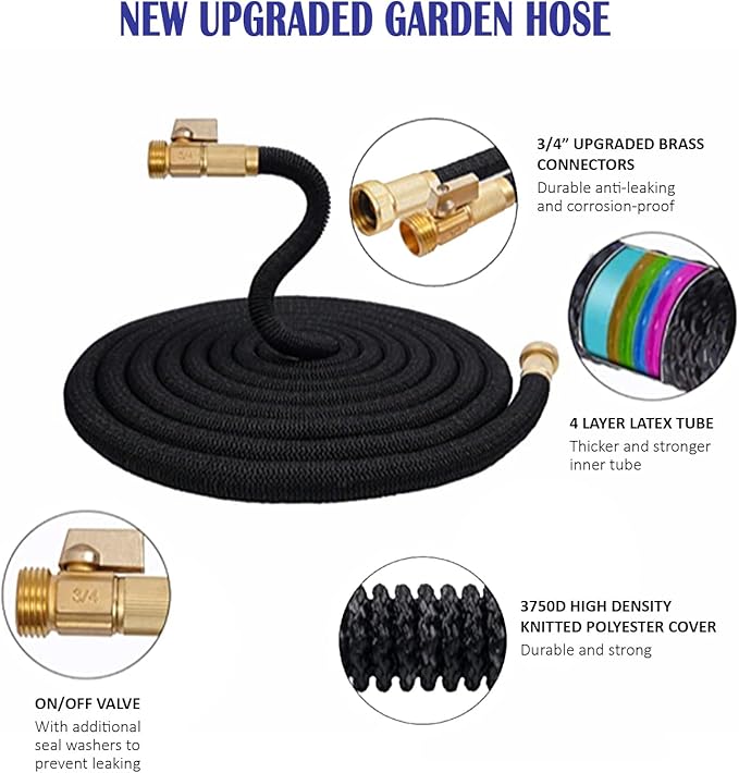 J&B XpandaHose 75ft Expandable Garden Hose – Ultra-Strong 3750D, 4-Layer Latex Core, Brass 3/4" Connectors, 10-Pattern Nozzle & Storage Bag – Lightweight, Kink-Reducing, Leak-Resistant