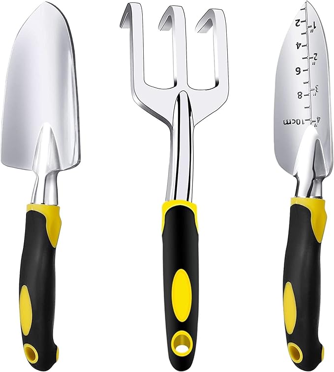 Edward Tools Gardening Hand Tools 3 Piece Set - Heavy Duty Garden Trowel, Transplanter, Hand Rake - Ergo Grip Handle - Bend-Proof & Rust-Proof Design - Cultivator, Garden Hand Shovel